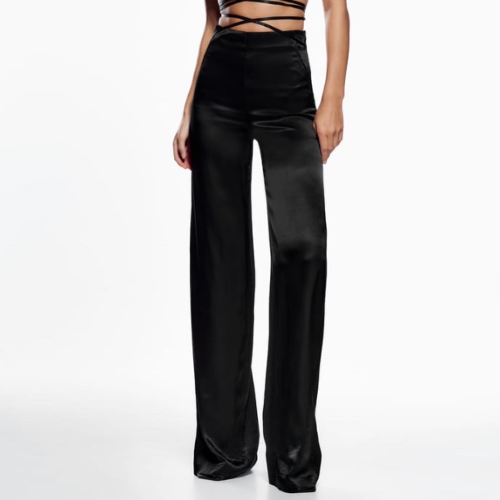 Zara Woman High Waist Satin Wide Leg Pants in Black